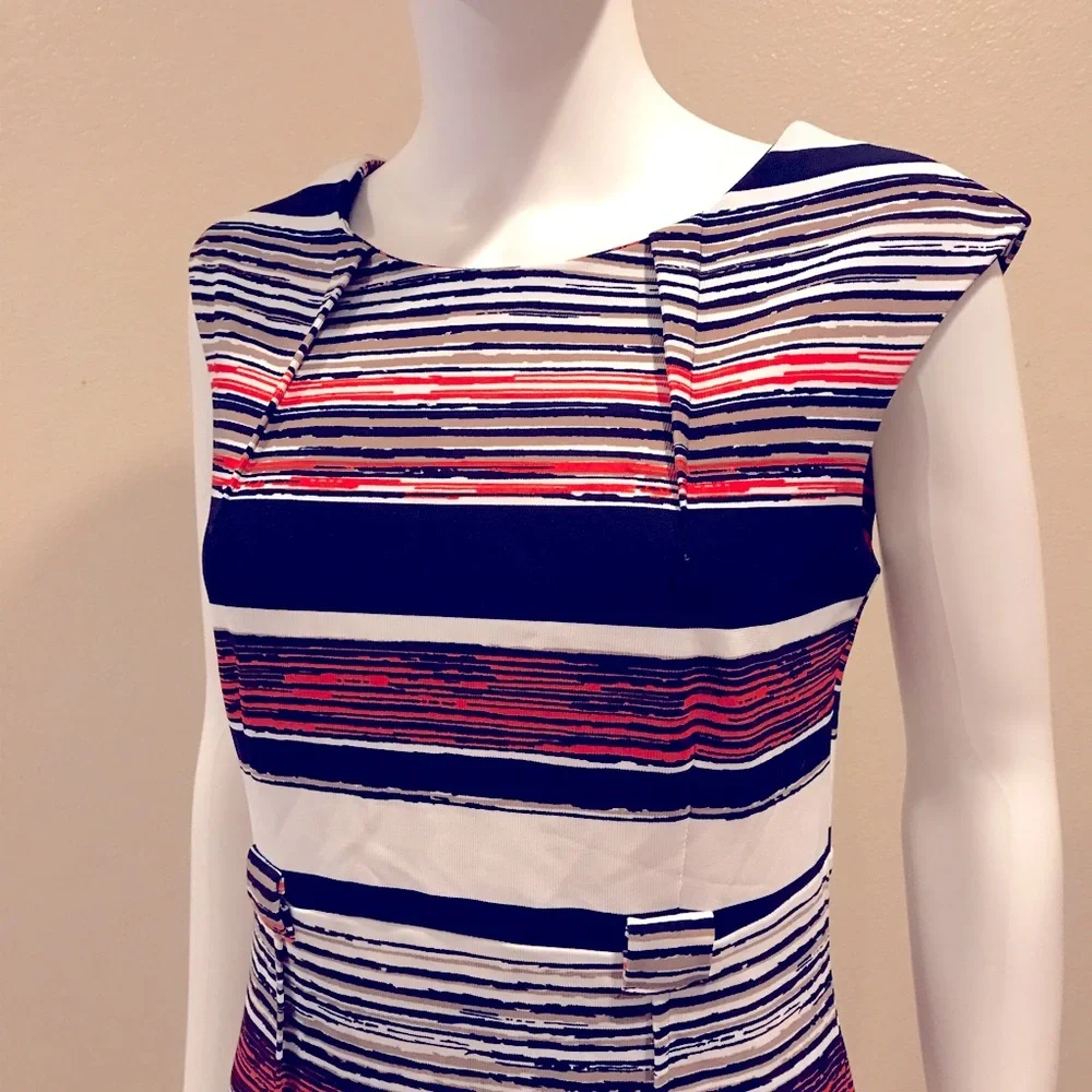 ILE Sheath Dress Size 8 Small Sleeveless Multi Color Stripe Stretch Zip Back - Picture 8 of 11